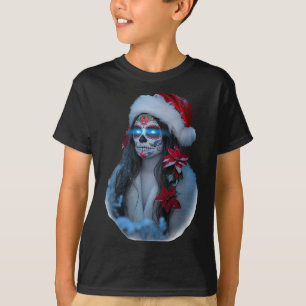 Christmas Sugar Skull Art Woman Santa Hat Festive  T-Shirt