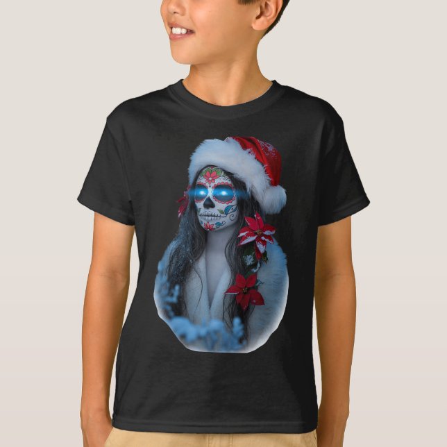 Christmas Sugar Skull Art Woman Santa Hat Festive  T-Shirt (Front)