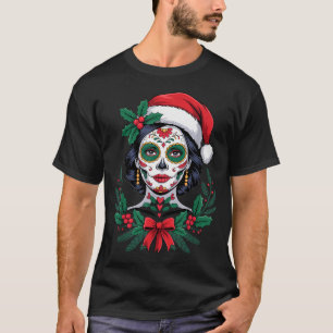 Christmas Sugar Skull Art Woman Santa Hat Festive  T-Shirt