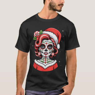 Christmas Sugar Skull Art Woman Santa Hat Festive  T-Shirt