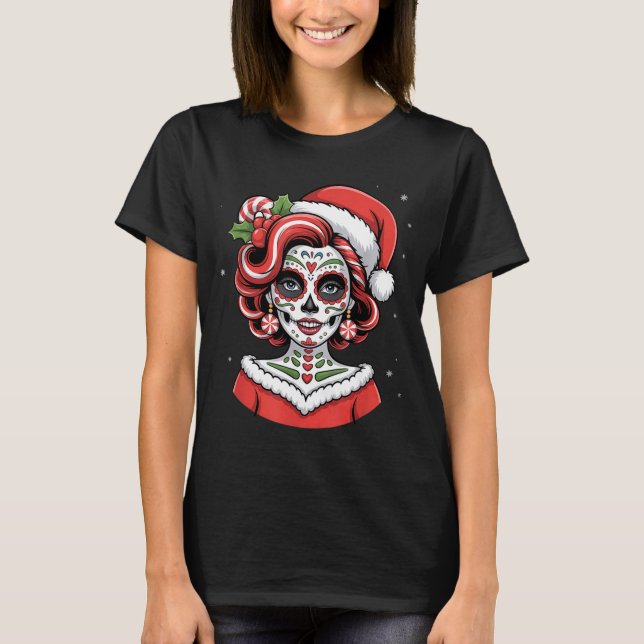 Christmas Sugar Skull Art Woman Santa Hat Festive  T-Shirt (Front)