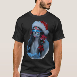 Christmas Sugar Skull Art Woman Santa Hat Festive  T-Shirt