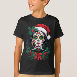 Christmas Sugar Skull Art Woman Santa Hat Festive  T-Shirt