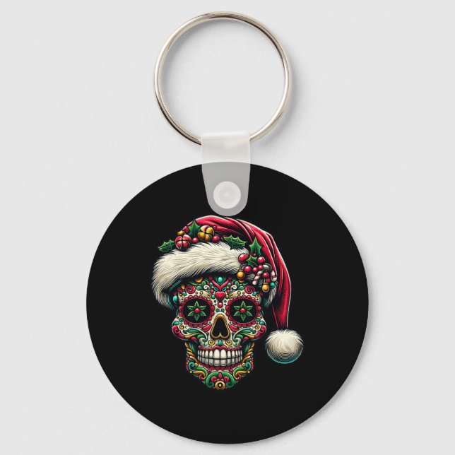 Christmas Sugar Skull Santa Hat Day Of The Dead Xm Key Ring (Front)