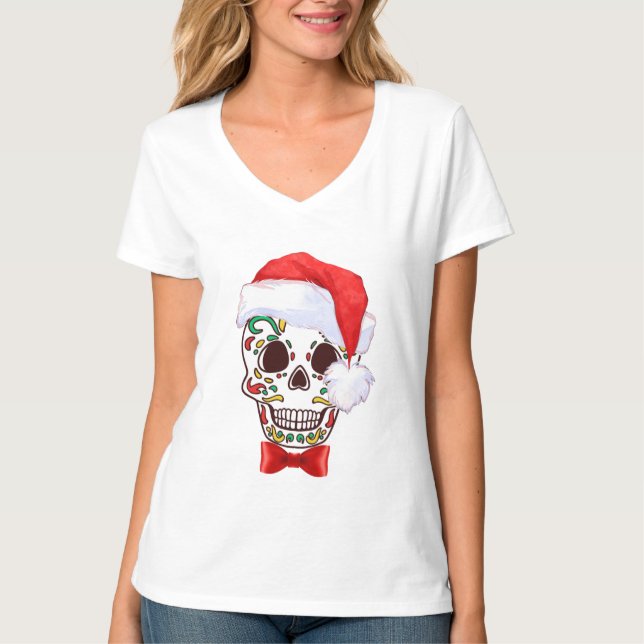 Christmas Sugar Skull with Santa Hat - shirt (Front)