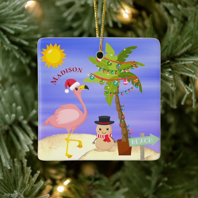 Christmas Summer Flamingo Beach Personalised Name Ceramic Ornament (Tree)