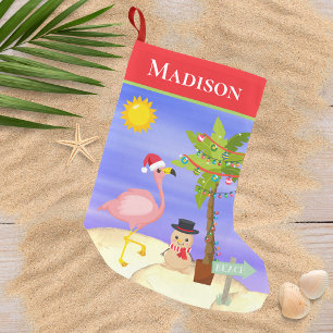 Christmas Summer Flamingo Beach Personalised Name Small Christmas Stocking