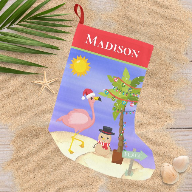 Christmas Summer Flamingo Beach Personalised Name Small Christmas Stocking (Creator Uploaded)