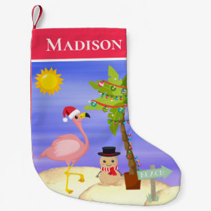 Christmas Summer Flamingo Beach Personalised Name Small Christmas Stocking