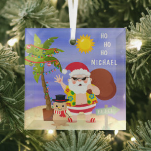 Christmas Summer Santa Beach Holidays Personalised Glass Tree Decoration