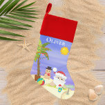 Christmas Summer Santa Beach Kids Personalised Christmas Stocking<br><div class="desc">This design features a cute summer Christmas beach scene with a tropical Santa with festive palm tree and sandy snowman on the beach. Perfect for those celebrating a tropical or summer Christmas Personalised by editing the text in the text box provided #Christmas #Xmas#christmasdecor #christmasstockings  #stockings #kids #giftsforkids</div>