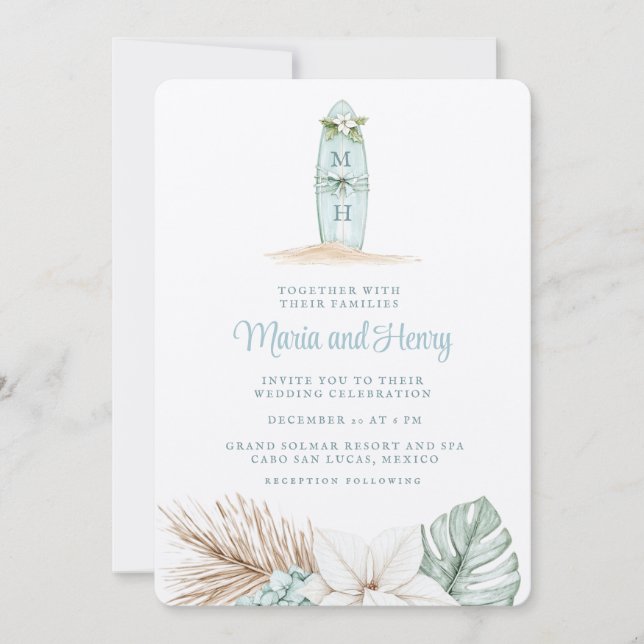 Christmas Surfboard | Winter Beach Wedding Invitation (Front)