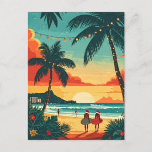 Christmas Surfers Tropical Beach Sunset Postcard