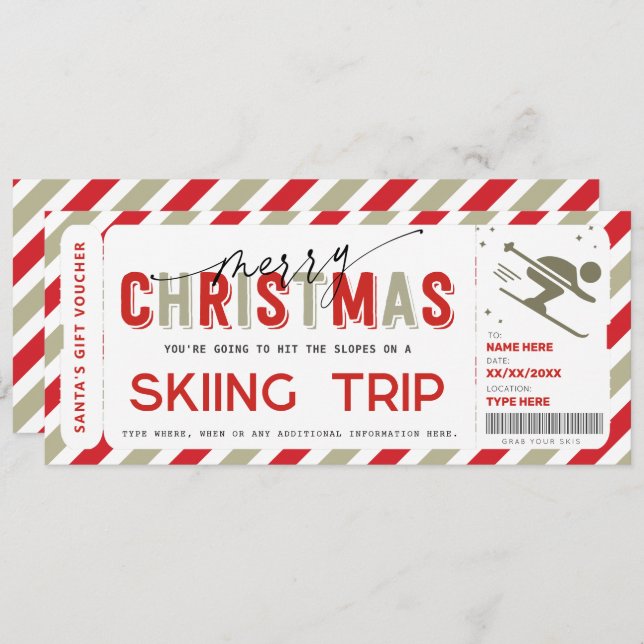 Christmas Surprise Ski Trip Gift Ticket Voucher Invitation (Front/Back)