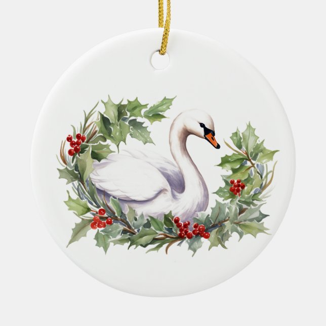 Christmas Swan with Holiday Wreath  Ceramic Tree Decoration (Front)