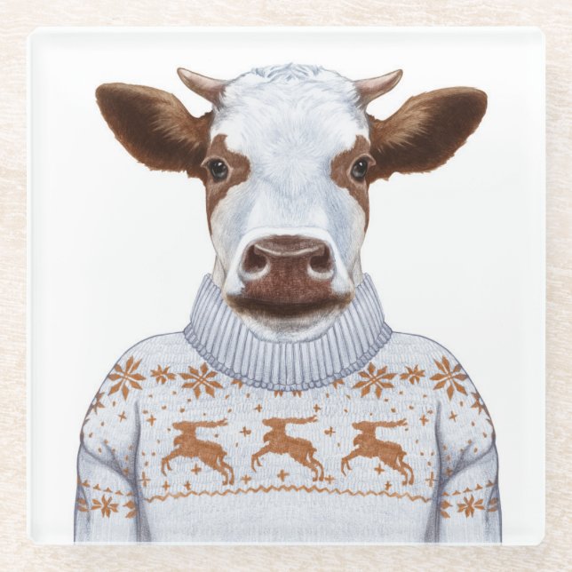 Christmas Sweater Cow Glass Coaster (Front)