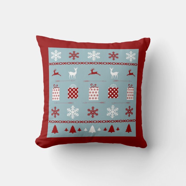 Christmas Sweater Pattern, white, red and blue Cushion (Front)