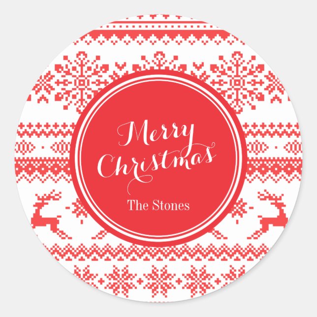 Christmas sweater red fair isle pattern monogram classic round sticker (Front)