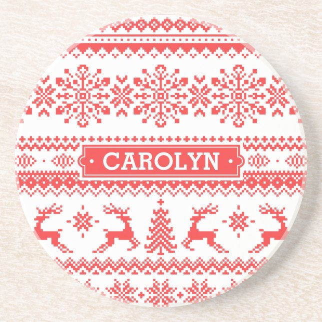 Christmas sweater red fair isle pattern monogram coaster (Front)