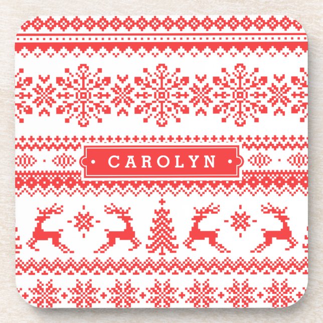 Christmas sweater red fair isle pattern monogram coaster (Front)