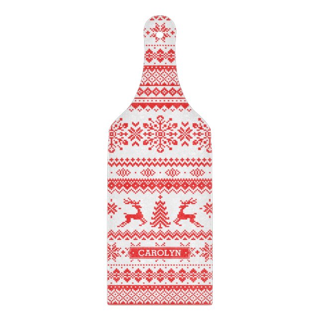Christmas sweater red fair isle pattern monogram cutting board (Front)