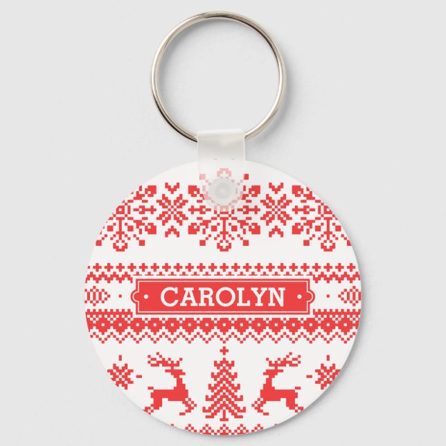 Christmas sweater red fair isle pattern monogram key ring (Front)