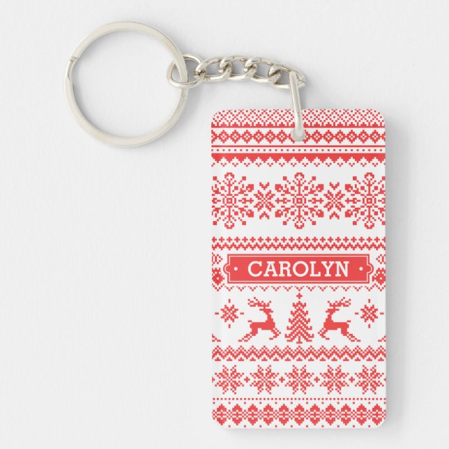 Christmas sweater red fair isle pattern monogram key ring (Front)