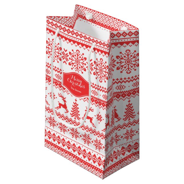 Christmas sweater red fair isle pattern monogram small gift bag (Front Angled)