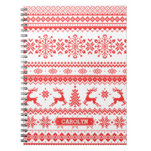 Christmas sweater red fair isle pattern monogram spiral notebook