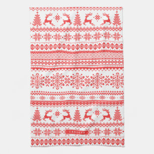 Christmas sweater red fair isle pattern monogram tea towel