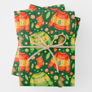 Christmas Sweaters, Stockings and Ornaments Green Wrapping Paper Sheet