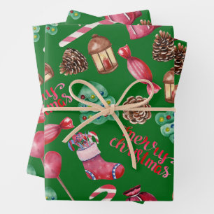 Christmas Sweets and Decorations Green  Wrapping Paper Sheet