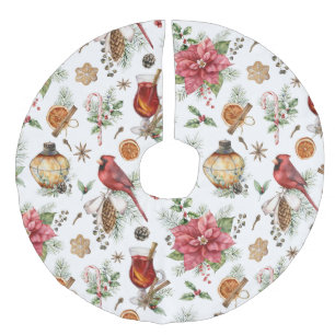 Christmas Symbols Pattern Cardinal, Poinsettia  Faux Linen Tree Skirt