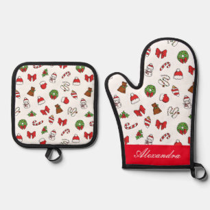 Christmas Symbols Pattern Santa Hat Custom Name Oven Mitt & Pot Holder Set