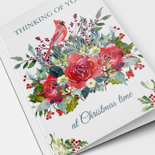 Christmas Sympathy Bouquet & Cardinal Remembrance Holiday Card (Thinking Of You At Christmas Time Remembrance Sympathy Loss Memorial Christmas Holiday Card)