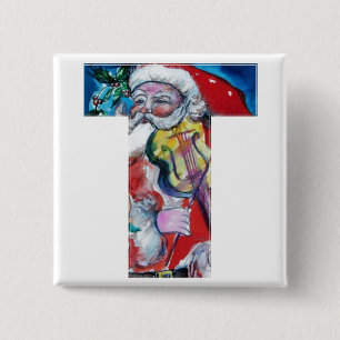 CHRISTMAS T LETTER / SANTA  WITH VIOLIN MONOGRAM 15 CM SQUARE BADGE