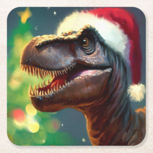 Christmas T-Rex 2 Square Paper Coaster