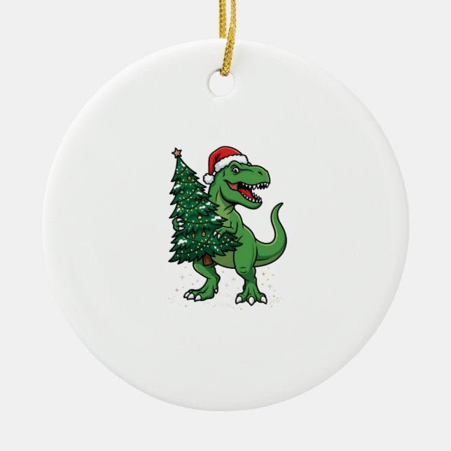 Christmas T-Rex Carrying Christmas Tree Ceramic Tree Decoration (Front)