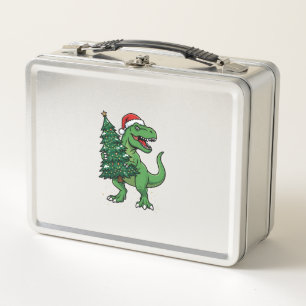 Christmas T-Rex Carrying Christmas Tree Metal Lunch Box