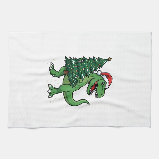 Christmas T-Rex Carrying Christmas Tree Tea Towel (Horizontal)