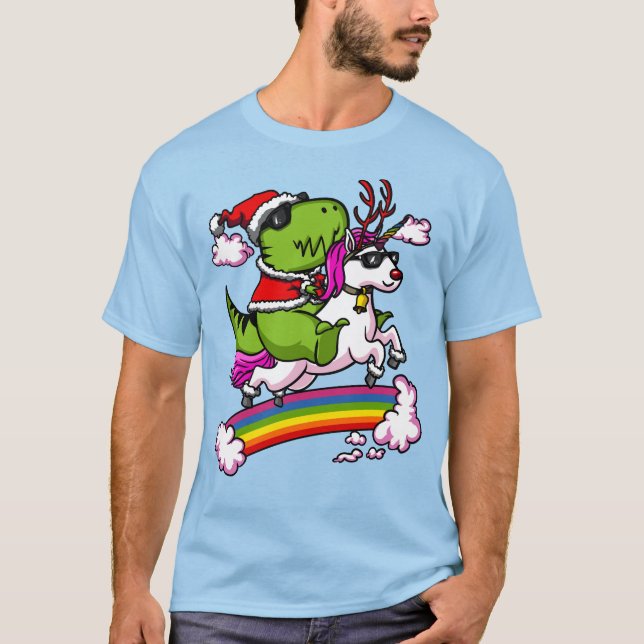 Christmas T-Rex Dinosaur Santa Riding Unicorn T-Shirt (Front)