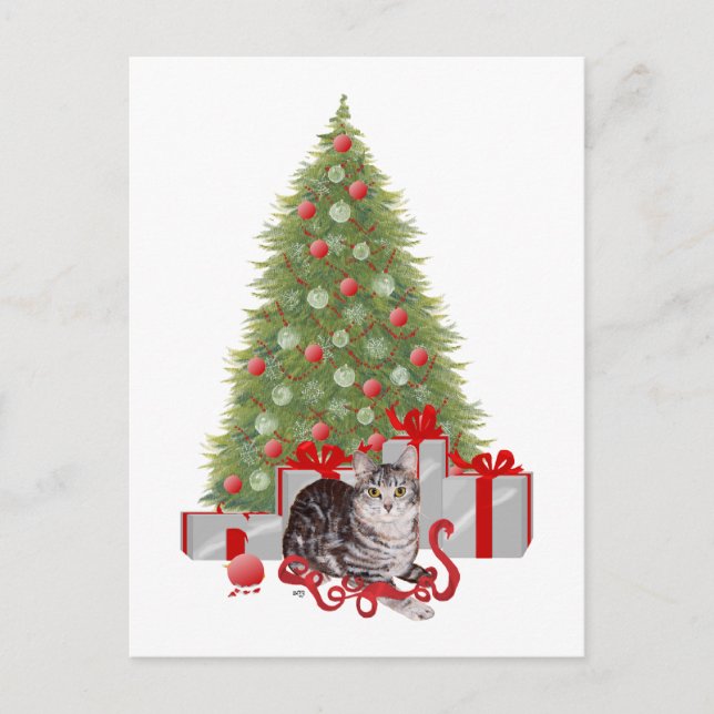 Christmas Tabby at the Tree Holiday Postcard (Front)