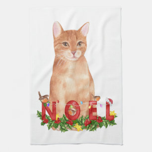 Christmas Tabby Cat Watercolor  Tea Towel