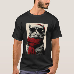 Christmas Tabby Cat with Sunglasses Santa Hat Funn T-Shirt