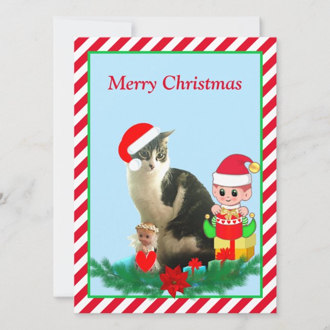 Christmas Tabby Kitty Cat, Angel & Cute Elf on Red (Front)