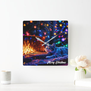 Christmas tabby sleeping cat warm decor square wall clock