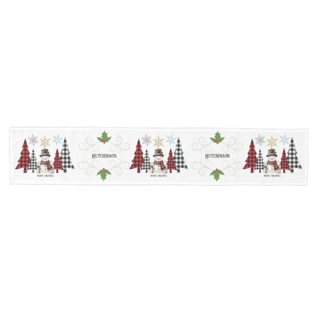 Christmas Table Runner Plaid trees and Snowman (Horizontal)