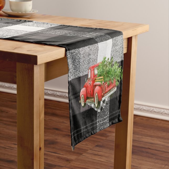 Christmas Table Runner Red XMAS Truck Plaid (In Situ)