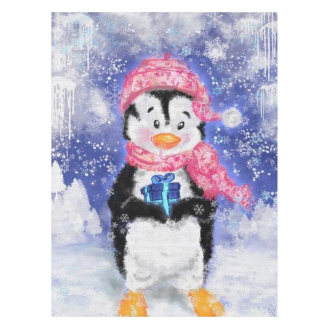 Christmas Tablecloth Baby Penguin with Gift (Front)