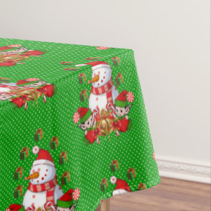 Christmas Tablecloth, Merry Christmas, Snowman Elf Tablecloth